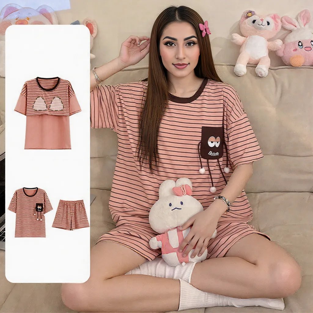 Peachy Stripes PJ Set – With Padded Bliss - Zero Bra