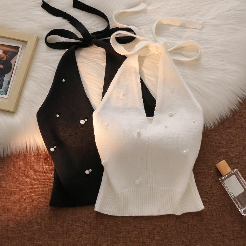 Pearl - Embellished Knit Halter Top with Built - In Bra – Luxe & Chic - Zero Bra