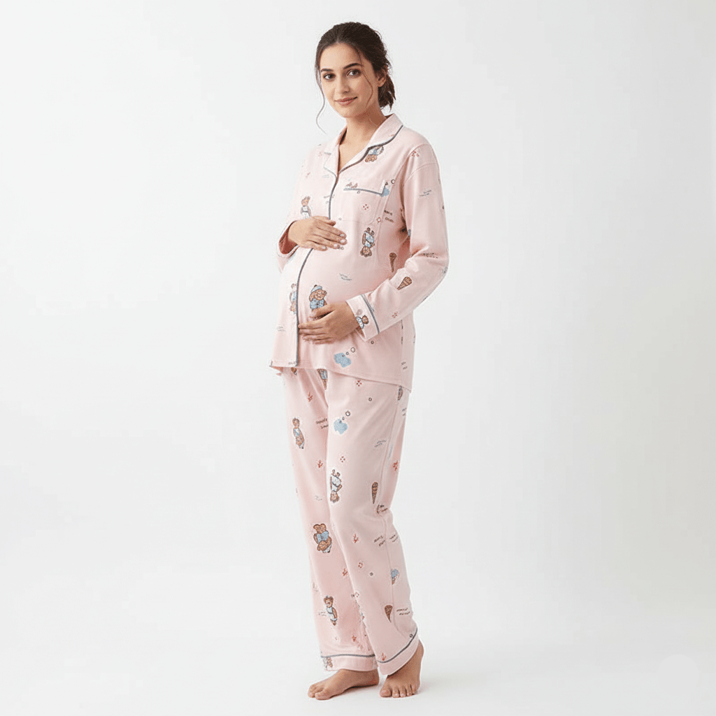 Pink Bear Maternity & Nursing Padded PJ Set – Cute Comfort, Bra - Free Ease - Zero Bra