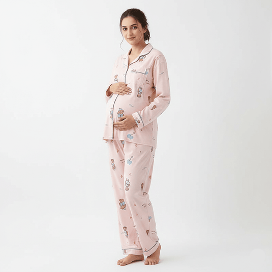 Pink Bear Maternity & Nursing Padded PJ Set – Cute Comfort, Bra - Free Ease - Zero Bra