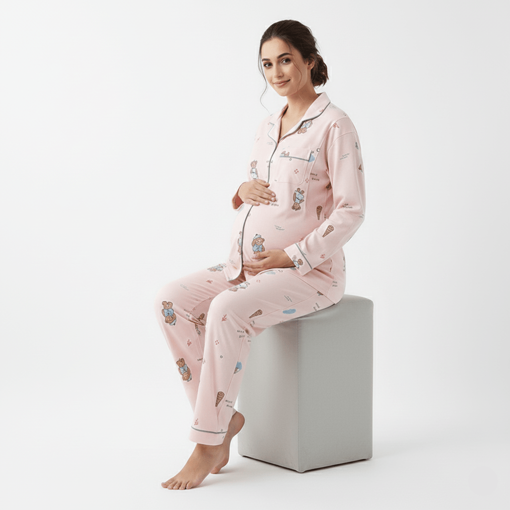 Pink Bear Maternity & Nursing Padded PJ Set – Cute Comfort, Bra - Free Ease - Zero Bra