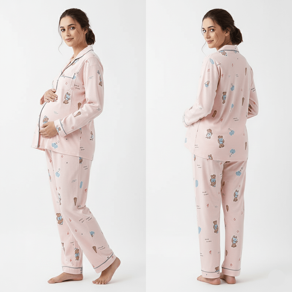Pink Bear Maternity & Nursing Padded PJ Set – Cute Comfort, Bra - Free Ease - Zero Bra