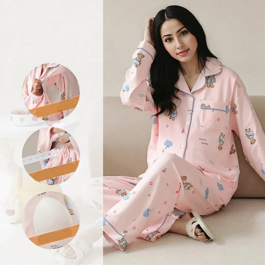 Pink Bear Maternity & Nursing Padded PJ Set – Cute Comfort, Bra - Free Ease - Zero Bra