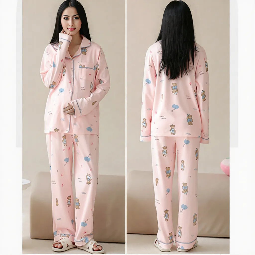 Pink Bear Maternity & Nursing Padded PJ Set – Cute Comfort, Bra - Free Ease - Zero Bra