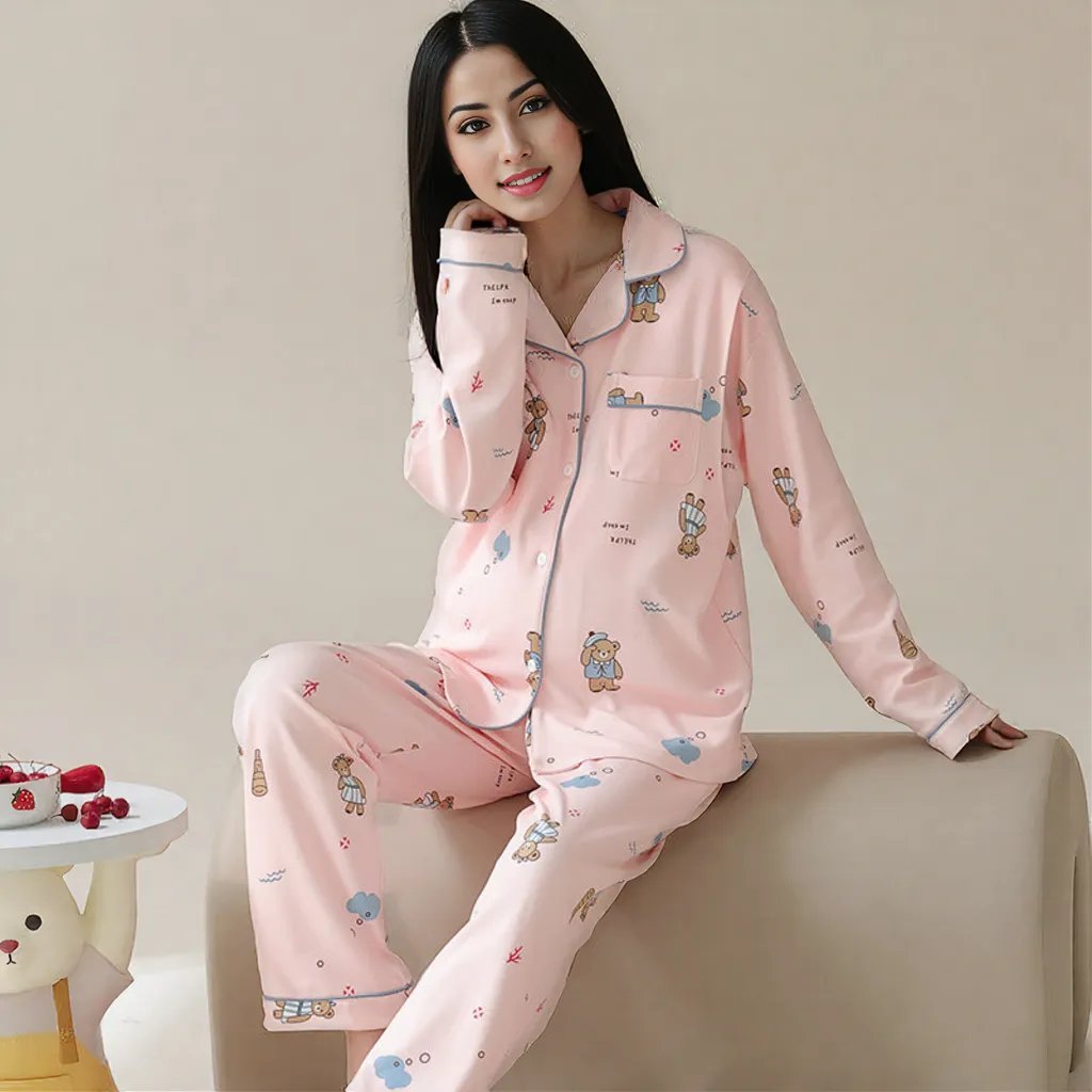 Pink Bear Maternity & Nursing Padded PJ Set – Cute Comfort, Bra - Free Ease - Zero Bra