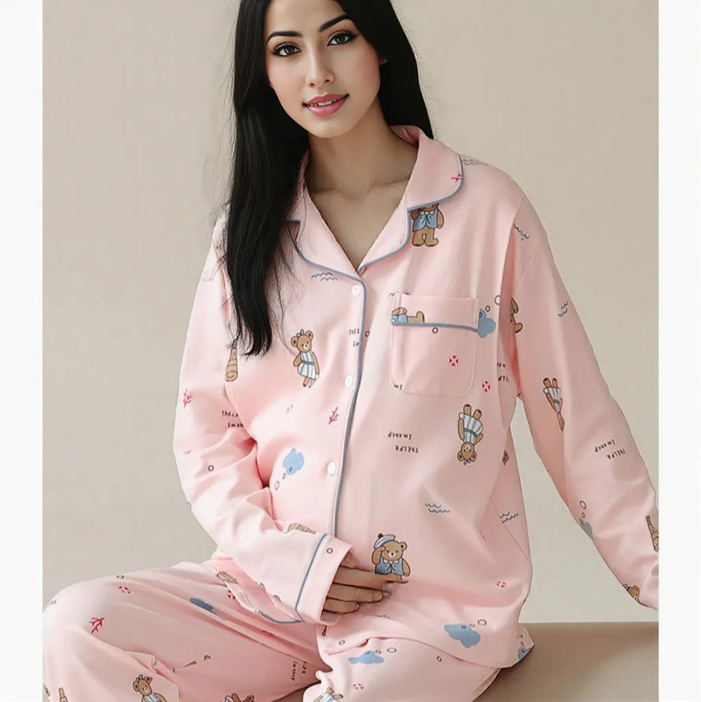 Pink Bear Maternity & Nursing Padded PJ Set – Cute Comfort, Bra - Free Ease - Zero Bra