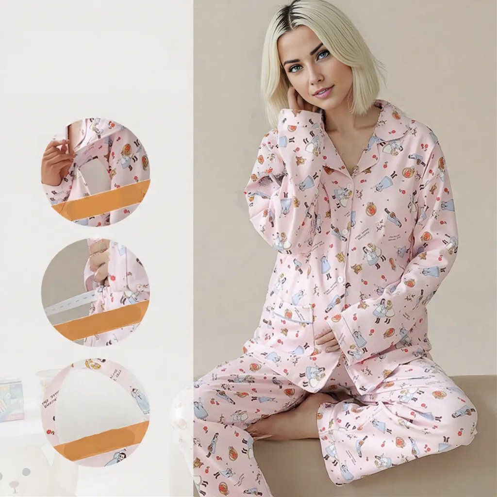 Pink Cartoon Maternity & Nursing Padded PJ Set – Playful Comfort for Mama Life - Zero Bra