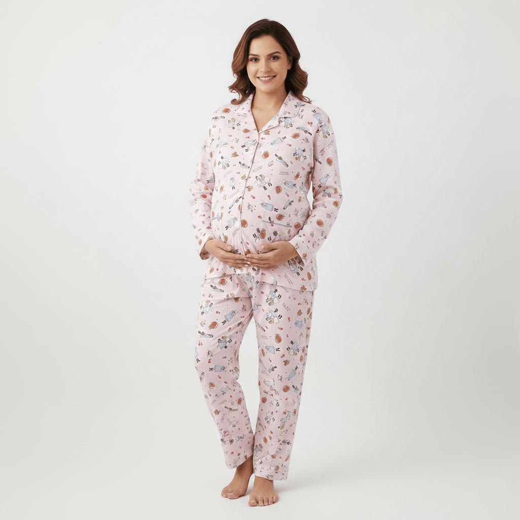 Pink Cartoon Maternity & Nursing Padded PJ Set – Playful Comfort for Mama Life - Zero Bra