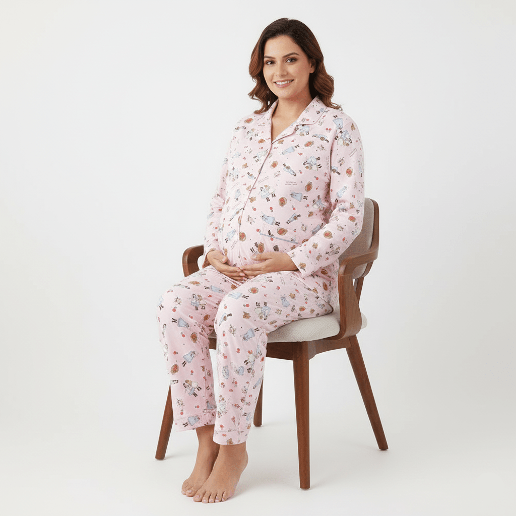 Pink Cartoon Maternity & Nursing Padded PJ Set – Playful Comfort for Mama Life - Zero Bra