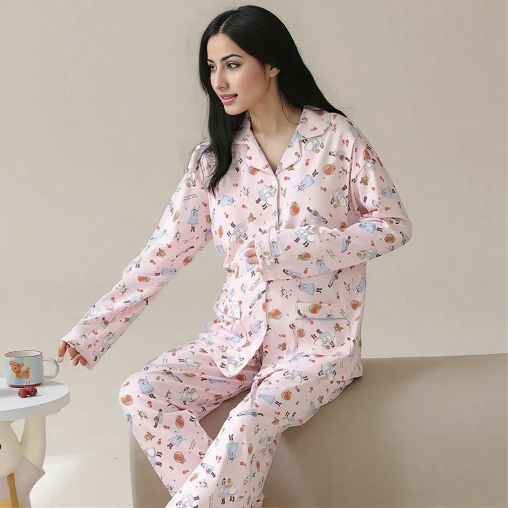 Pink Cartoon Maternity & Nursing Padded PJ Set – Playful Comfort for Mama Life - Zero Bra