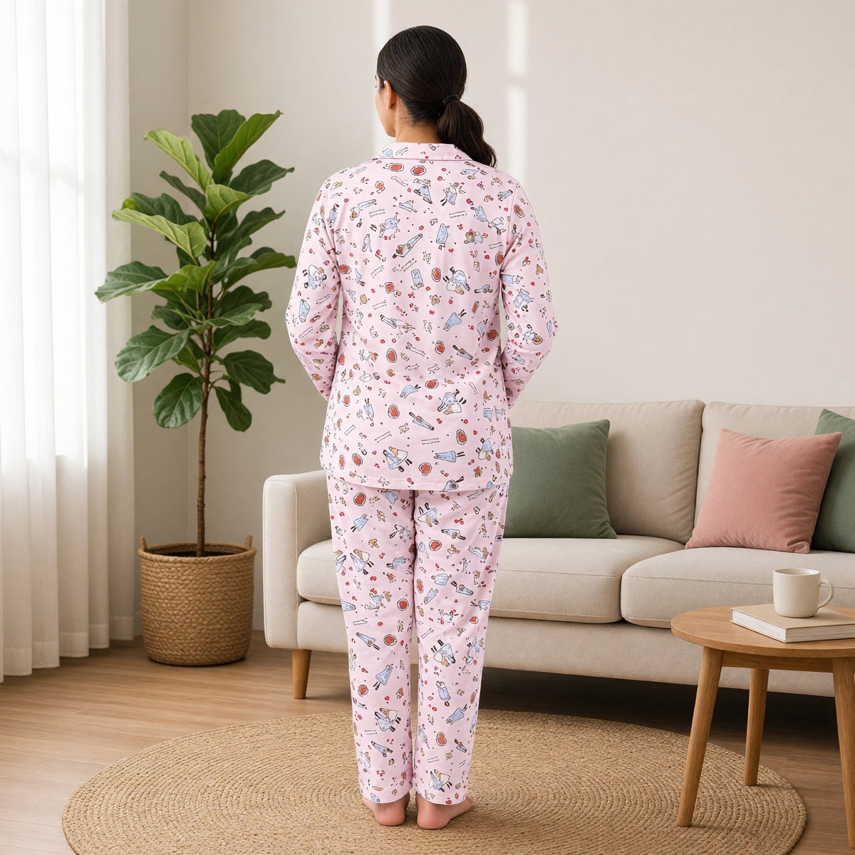 Pink Cartoon Padded Feeding Night Suit