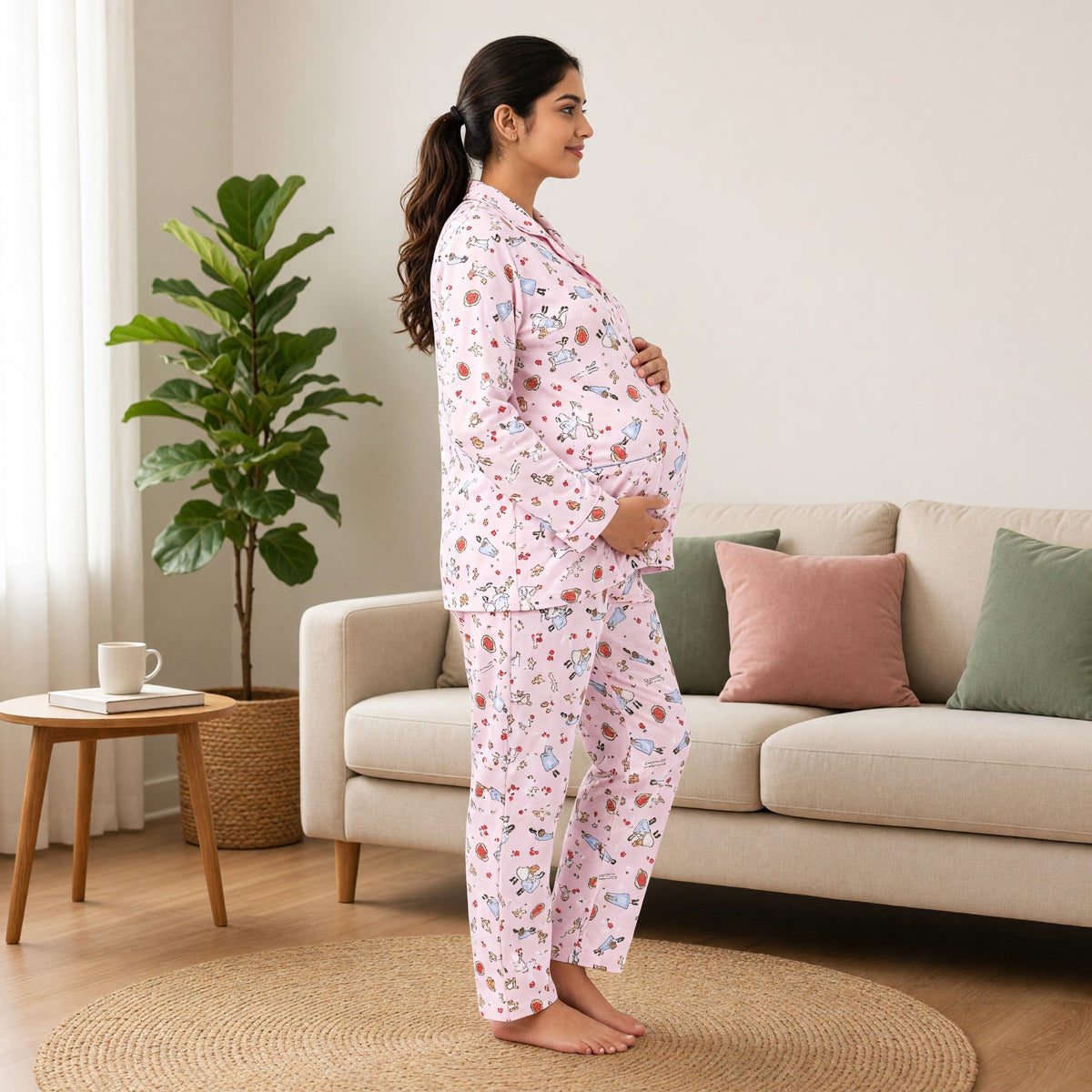 Pink Cartoon Padded Feeding Night Suit