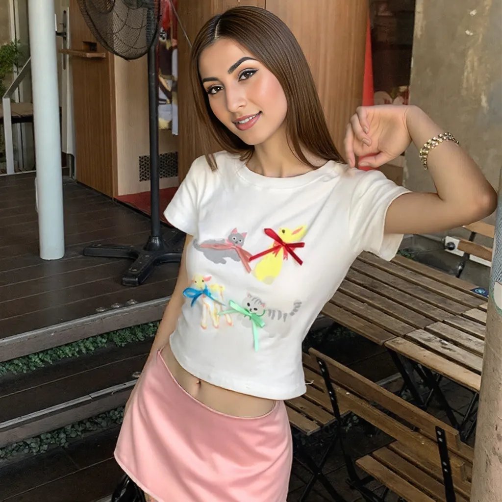 Playful Cat Graphic Crop Top with Built - In Bra – Fun, Comfy & Whimsical - Zero Bra