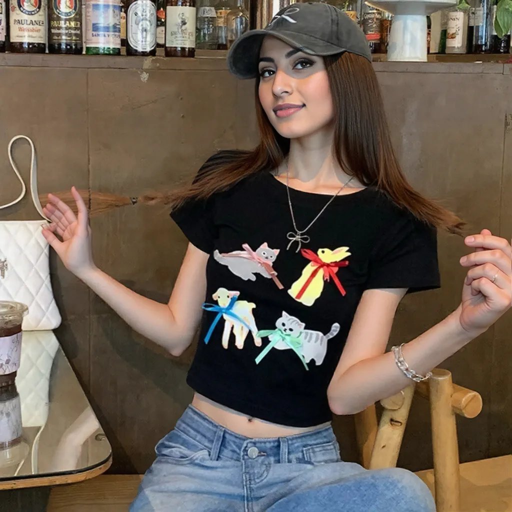 Playful Cat Graphic Crop Top with Built - In Bra – Fun, Comfy & Whimsical - Zero Bra