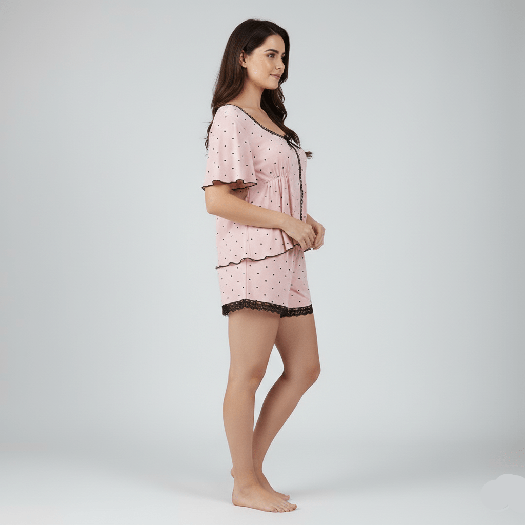 Premium Modal Flirty Dot Padded PJ Set – Bubblegum Chic Edition - Zero Bra