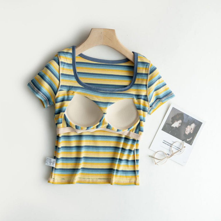 Retro Stripe Built - In Bra Tee – Colorful Vibes, Hidden Support! - Zero Bra