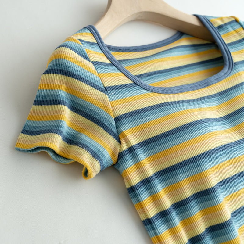 Retro Stripe Built - In Bra Tee – Colorful Vibes, Hidden Support! - Zero Bra