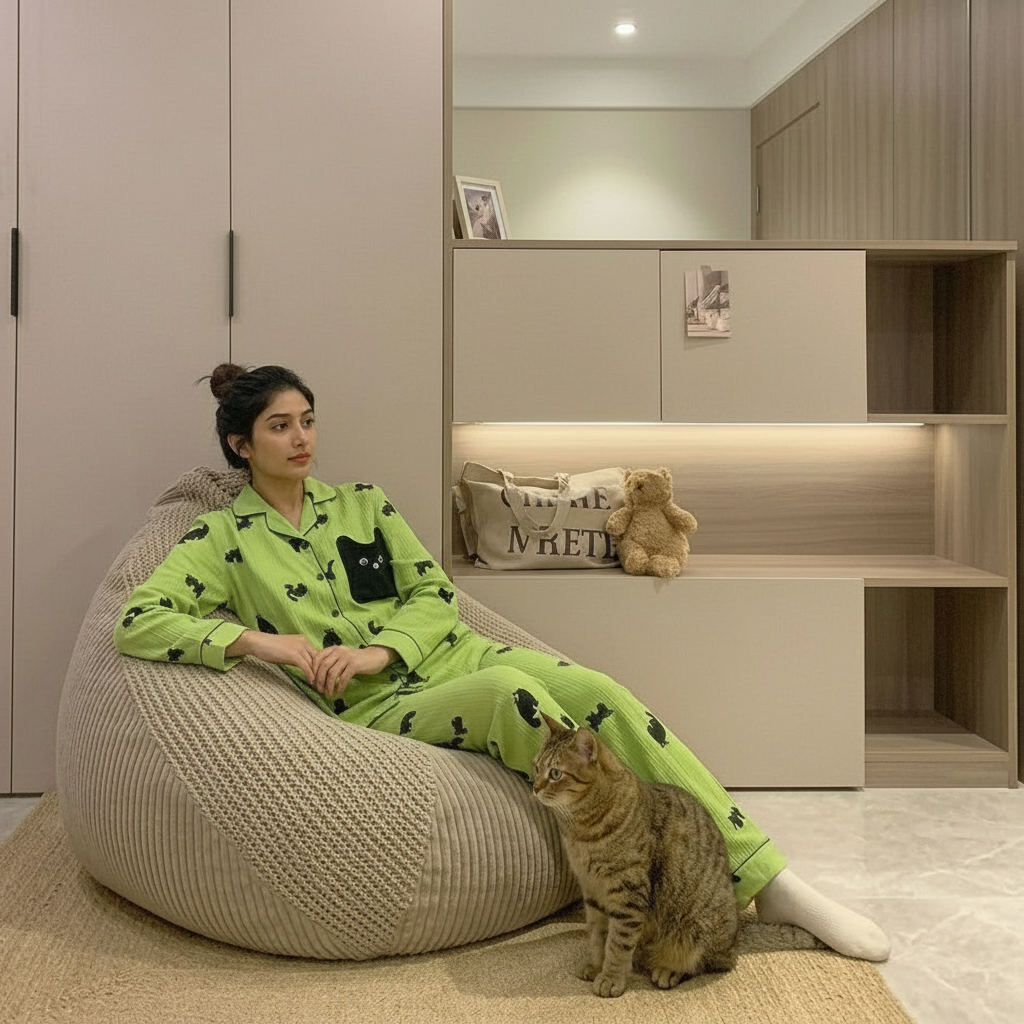 Matcha green padded pajama set with playful cat print from ZeroBra, comfortable Indian lingerie sleepwear