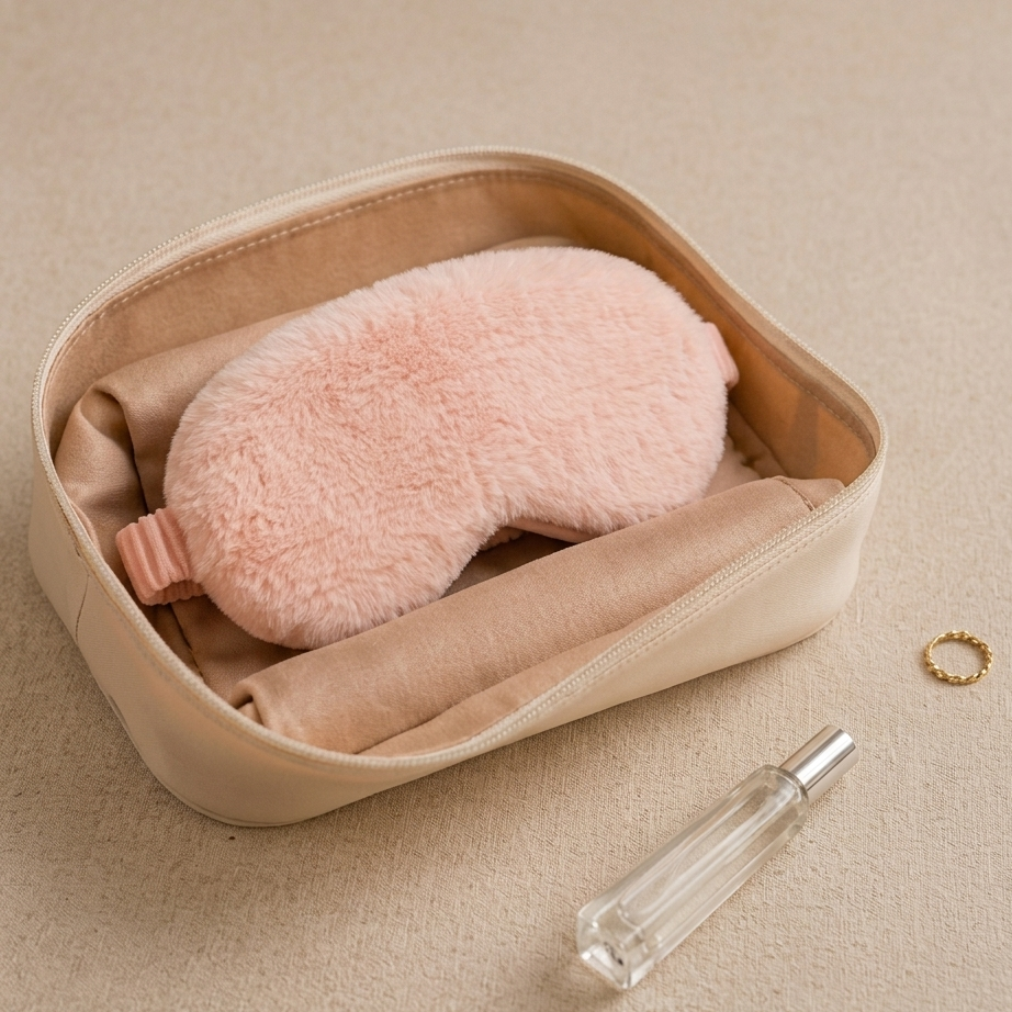 ZeroBra Peach Bliss Plush Sleep Eye Mask in soft peach tone, cozy comfortable fabric for restful sleep