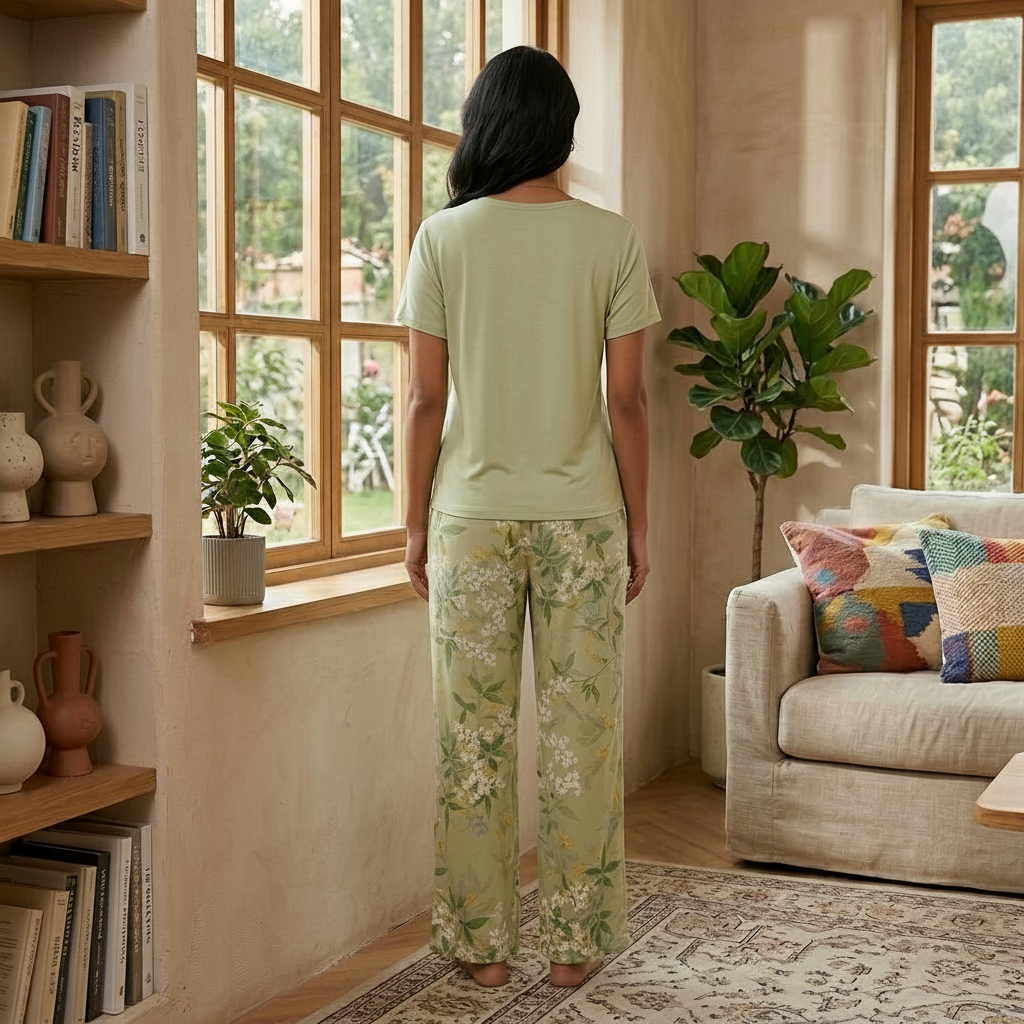 Olive Blossom Lounge Set in soft olive green with built-in padded bra, comfortable Indian nightwear by ZeroBra