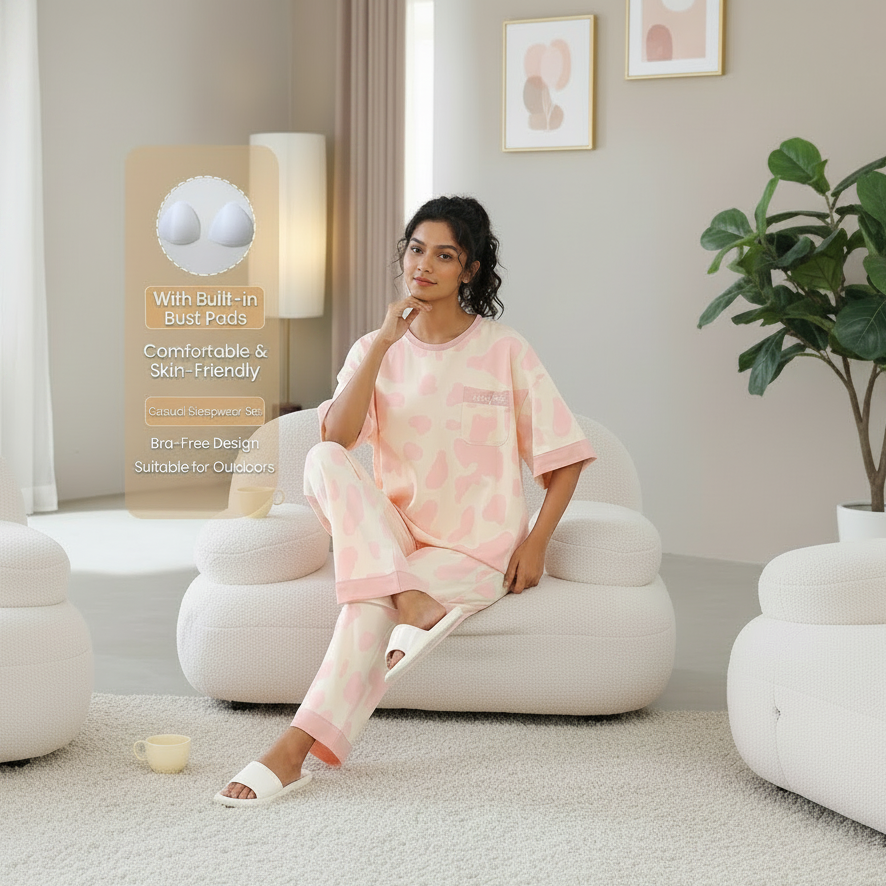 Blush Moo Dream PJ Set in soft pink with comfortable padded bra top, cozy Indian sleepwear by ZeroBra