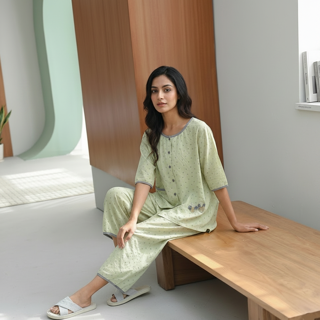 Sage Whisper Padded PJ Set in olive green with floral print, comfortable Indian sleepwear by ZeroBra