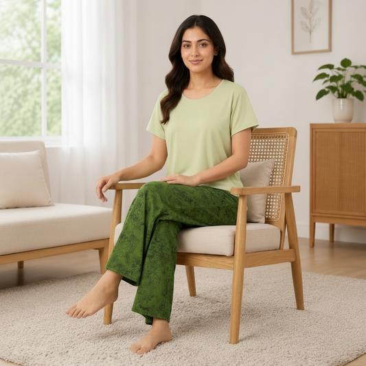 Verdant Bloom green lounge set with built-in padded bra, comfortable Indian nightwear by ZeroBra