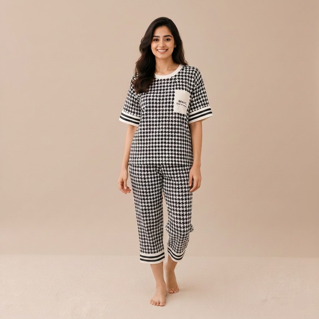 ZeroBra Monochrome Muse black and white striped pajama set with built-in padded bra for comfortable wear