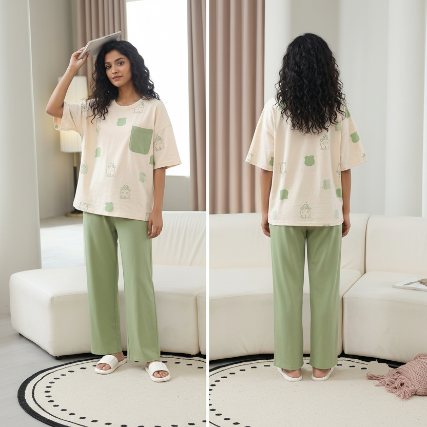 ZeroBra Froggy Garden PJ Set in green with cute frog print, featuring comfortable padded bra top and matching bottoms