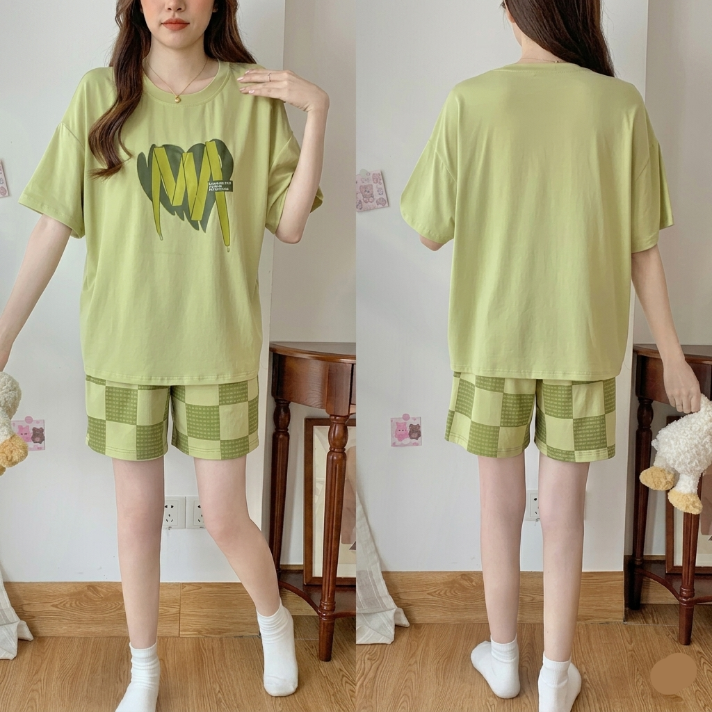 Matcha Check Lounge Set in soft green checkered pattern, comfortable padded bra top and matching pajama bottoms by ZeroBra