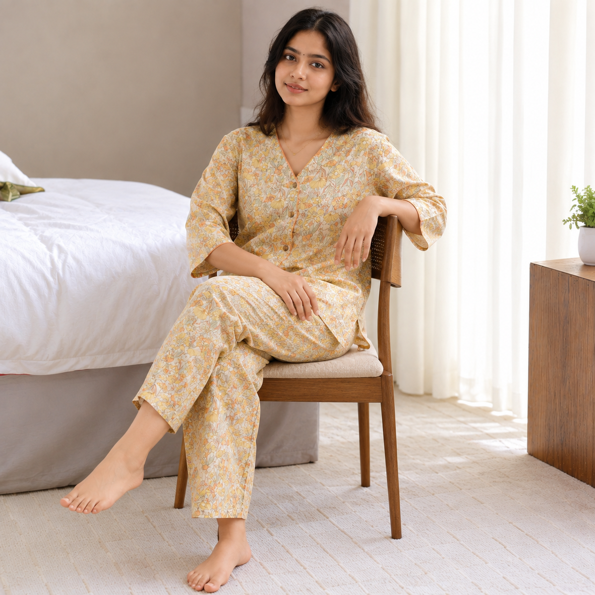 ZeroBra Golden Meadow Padded Lounge Set in warm golden hue — comfortable Indian women's pajama set with built-in bra support