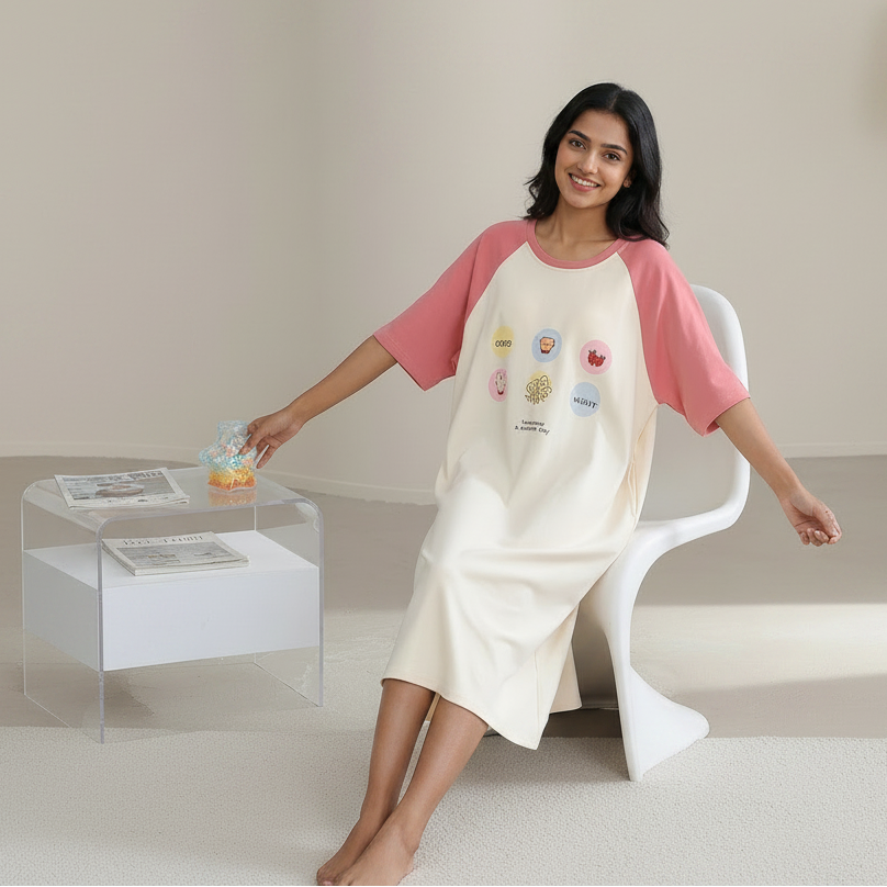 ZeroBra Nightgown 09 in soft fabric, comfortable sleepwear for Indian women, elegant design