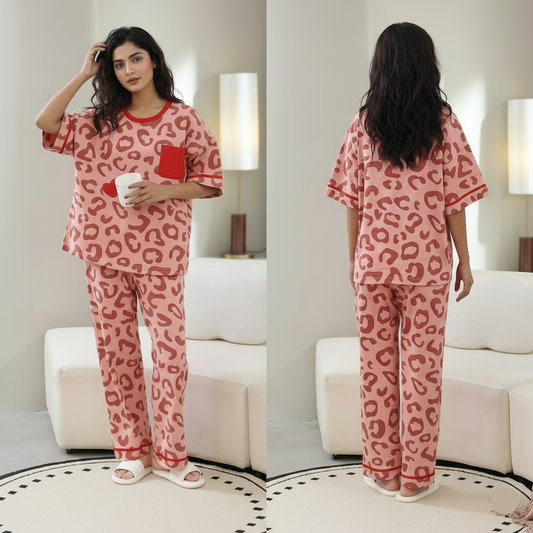 Cherry Leopard PJ Set with padded bra top in vibrant red cherry print - comfortable Indian sleepwear by ZeroBra