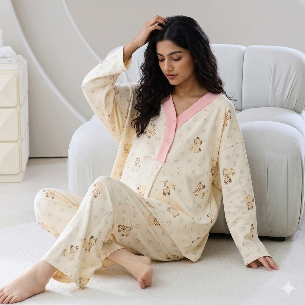 ZeroBra Maternity Teddy Bloom PJ Set in soft floral print with padded comfort, designed for Indian mothers