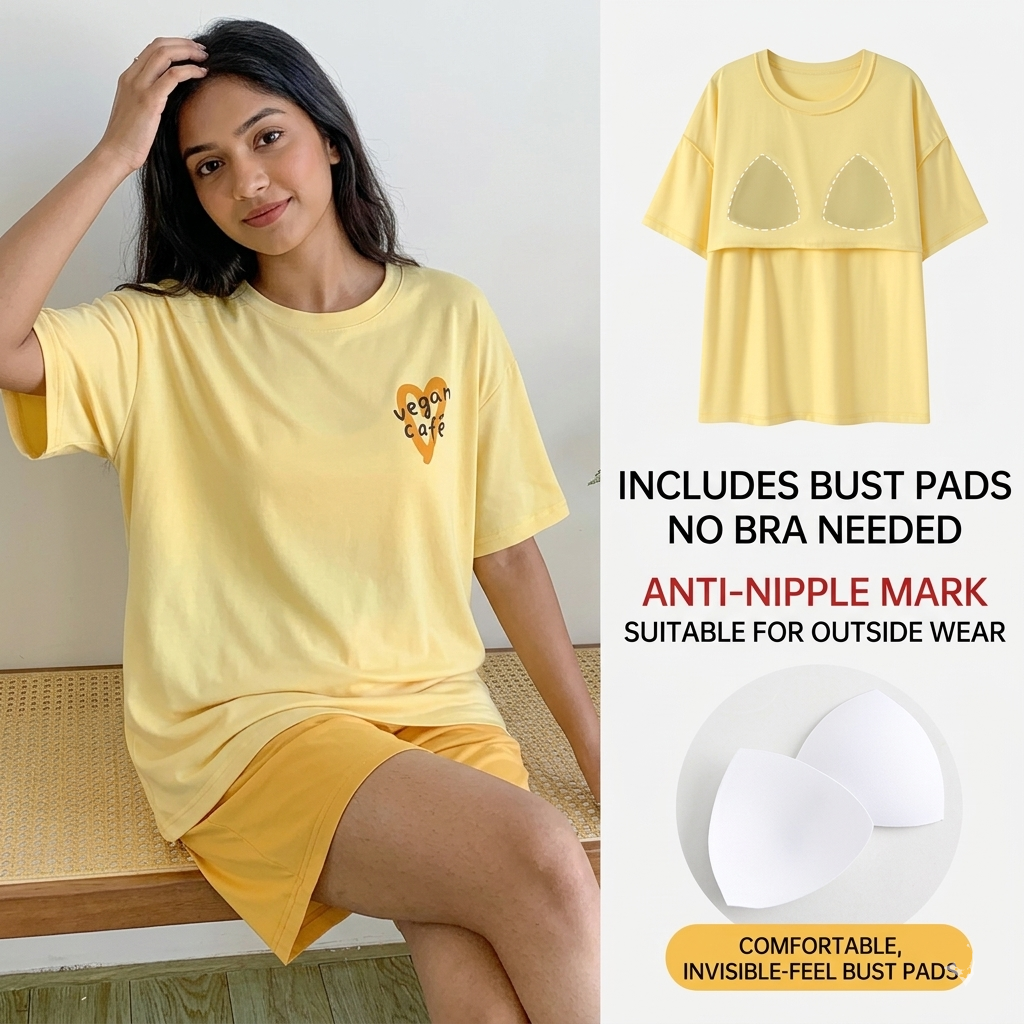 Sunny Bliss Lounge Set in bright yellow with built-in padded bra comfort, ZeroBra's cozy Indian pajama set