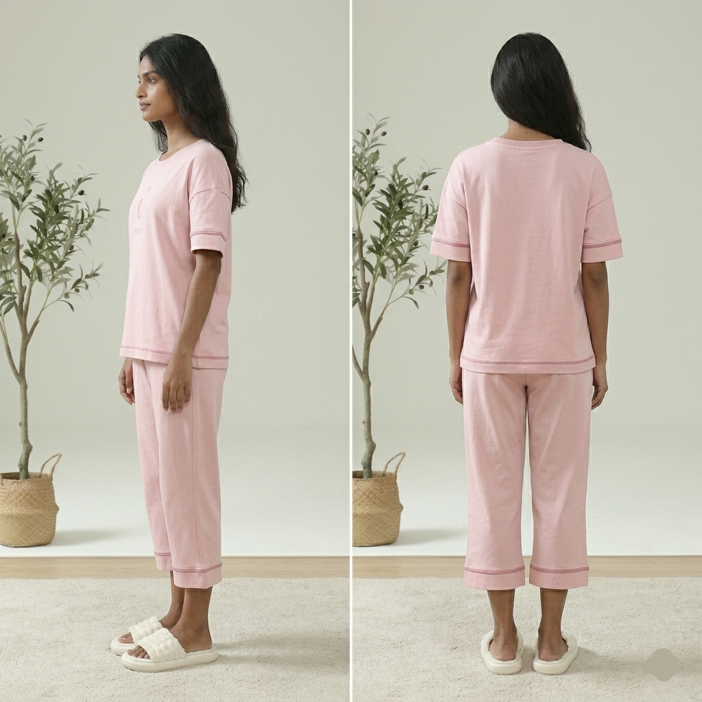 Blush pink Meow Lounge pajama set with built-in padded bra, comfortable Indian loungewear by ZeroBra