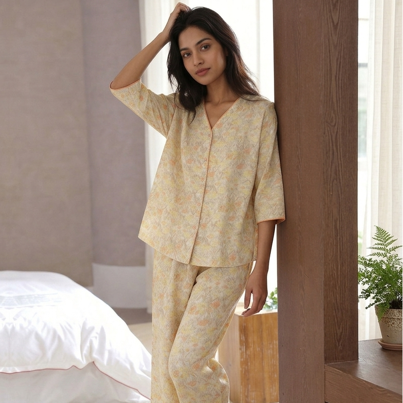 Golden Meadow floral lounge set with padded bra top in sunlit yellow, comfortable Indian pajama style by ZeroBra