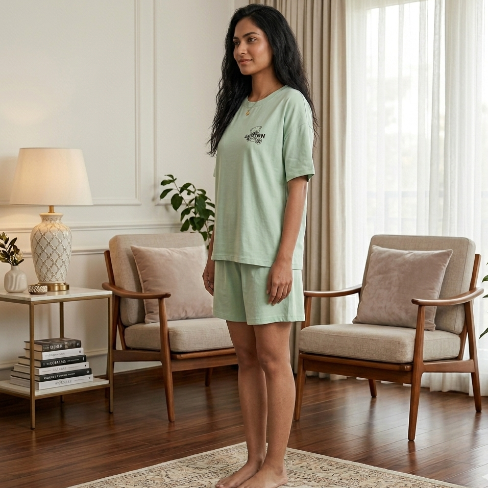 Mint green Teddy Sleep Tee with built-in padded bra comfort, soft pajama top by ZeroBra for Indian women
