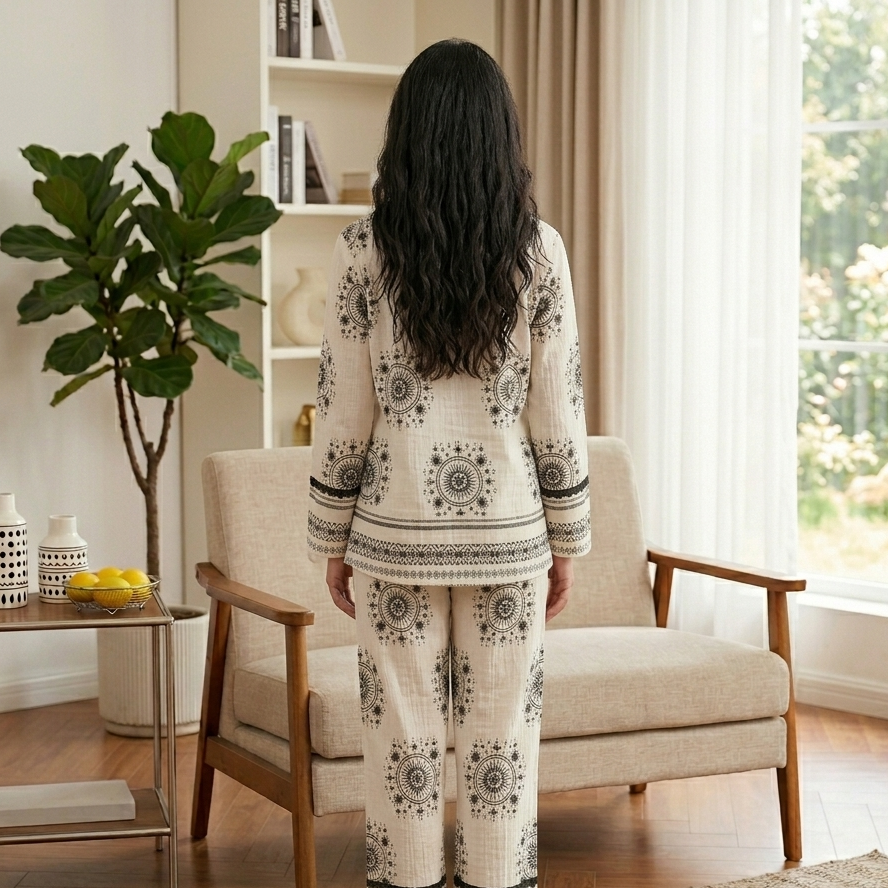 Midnight Boho Bliss Lounge Set in dark tones with built-in padded bra, comfortable Indian nightwear by ZeroBra