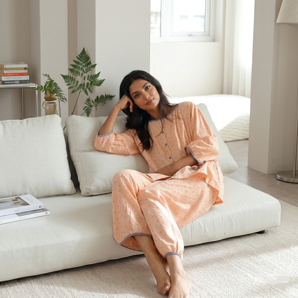 Peach Blossom padded PJ set in soft apricot color, comfortable Indian sleepwear by ZeroBra brand