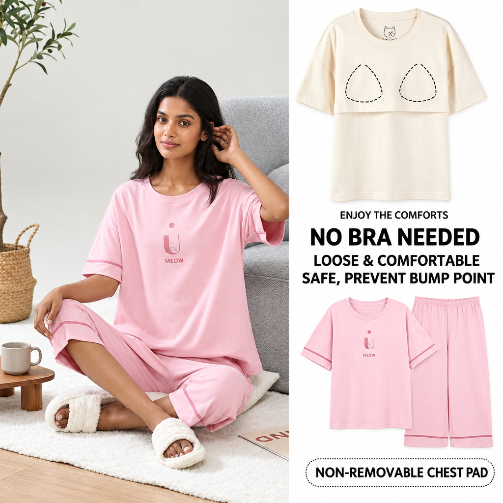Blush pink Meow Lounge Set with built-in padded bra top and matching pajama pants from ZeroBra India
