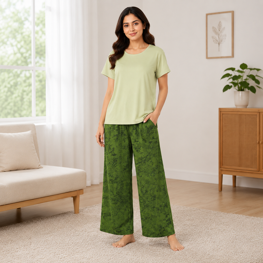 Verdant Bloom green lounge set with built-in padded bra top and matching pajama pants from ZeroBra India