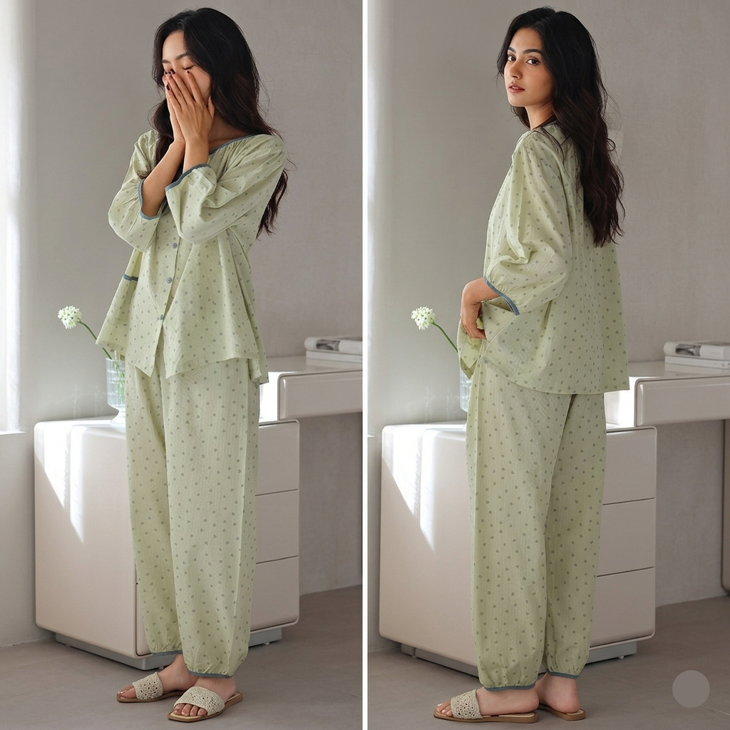 Sage Whisper Padded PJ Set in olive green with floral print, comfortable Indian loungewear by ZeroBra