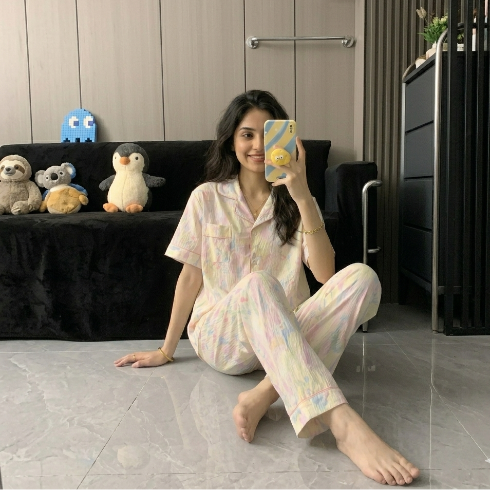 ZeroBra Pastel Dreamscape 3-piece padded PJ set in soft candy cloud colors - comfortable Indian sleepwear