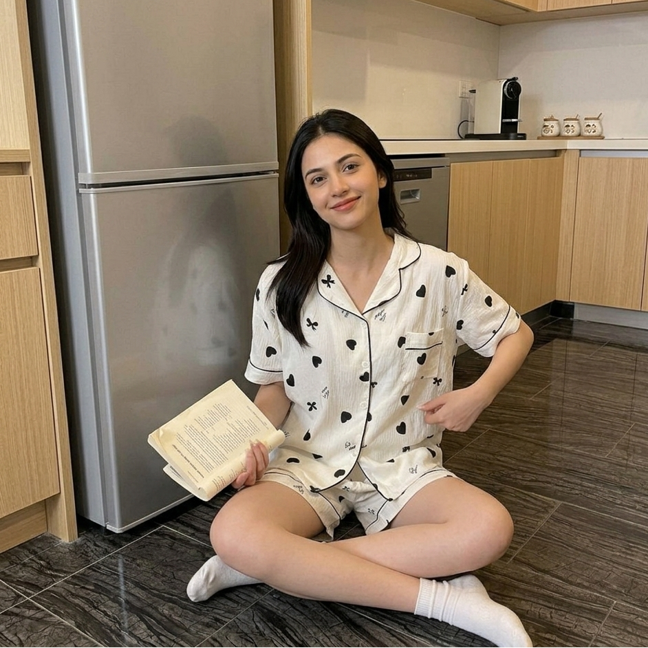 ZeroBra Midnight Hearts monochrome padded PJ set - black and white heart print comfortable Indian loungewear