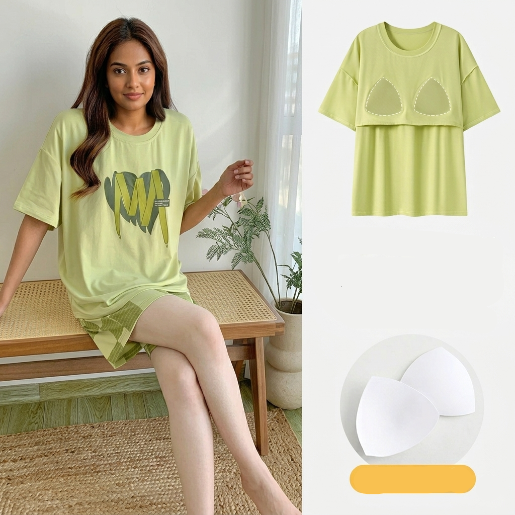 Matcha Check Lounge Set in soft green checkered pattern, comfortable padded bra and matching pajama shorts by ZeroBra