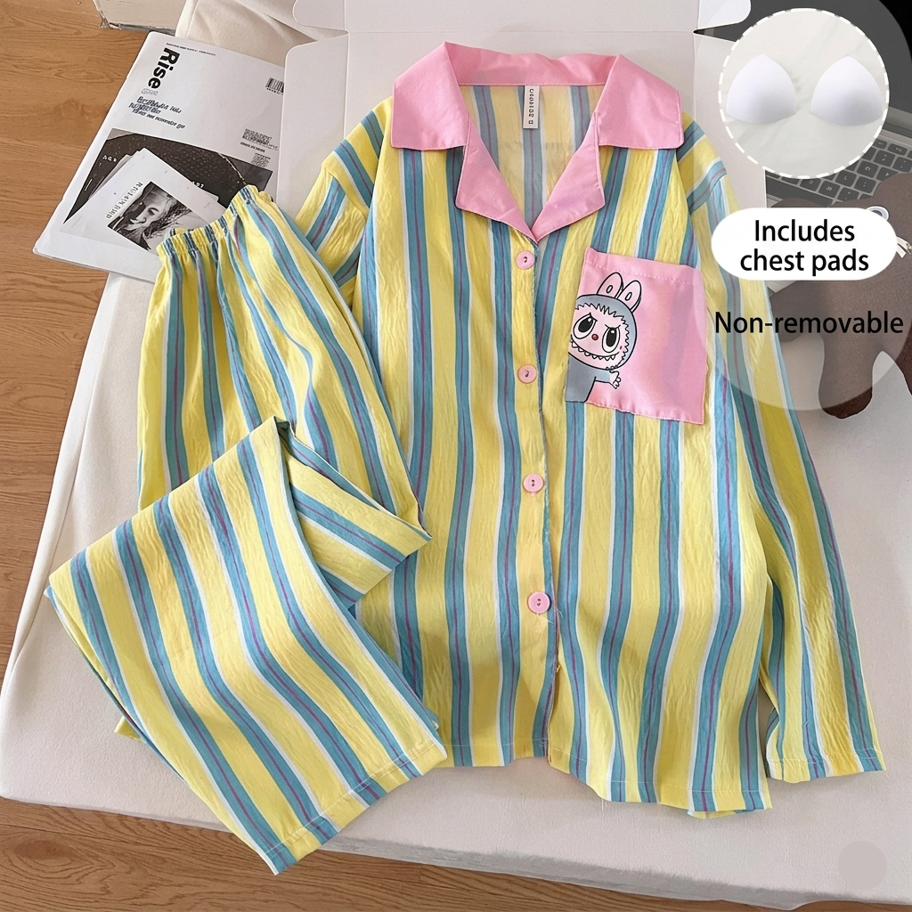 Candy Stripe Cartoon Padded Pajama Set in playful pastel stripes, comfortable Indian sleepwear by ZeroBra