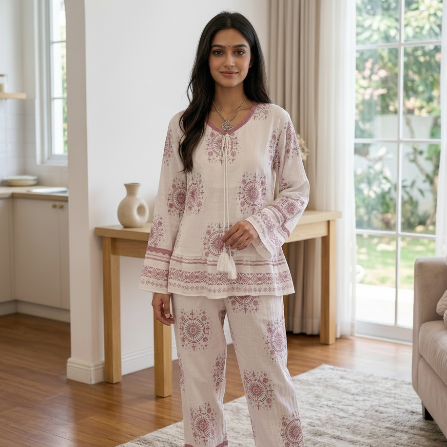 Boho Blossom Comfort Lounge Set in soft pink floral print, featuring built-in padded bra top and matching pajama bottoms
