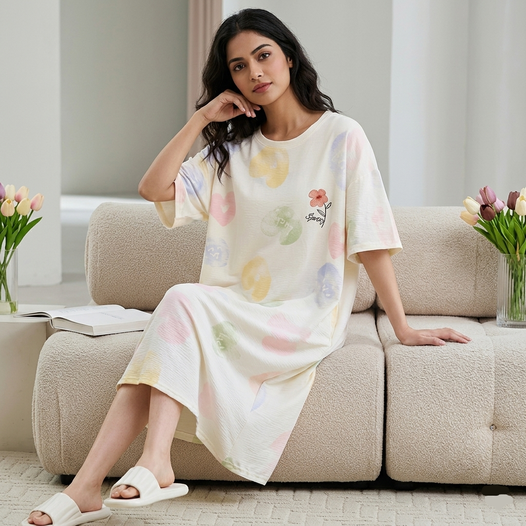 ZeroBra Nightgown 12 in soft fabric, comfortable Indian lingerie design for women's sleepwear