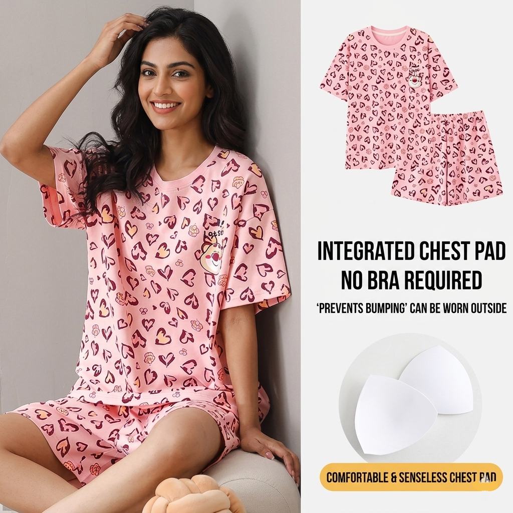 Pink Sweetheart Snuggle padded pajama set with comfortable bra top, showcasing soft fabric and romantic design - ZeroBra